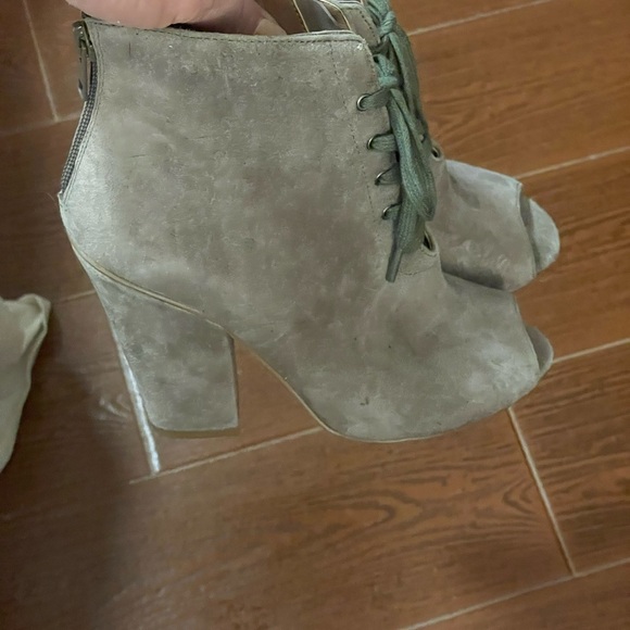Firth Dez Mule Suede Bootie heel open toe size 6.5 Mousse brown gray green laces - Picture 6 of 16